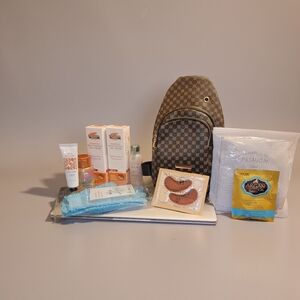 Brown Checkered Mini Backpack 🤎🎒 with Skincare Set 🧴✨🫧